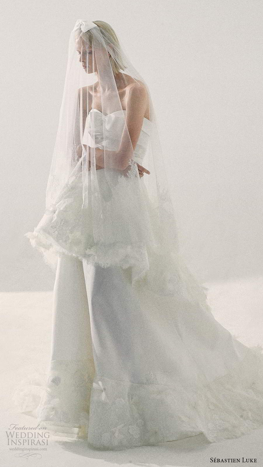 sebastien luke fall 2020 bridal strapless semi sweetheart neckline ruched bodice a line ball gown wedding dress tiered skirt (2) fv