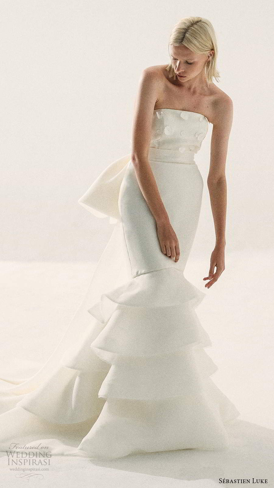 sebastien luke fall 2020 bridal strapless straight across embellished bodice fit flare mermaid wedding dress chapel train (5) mv
