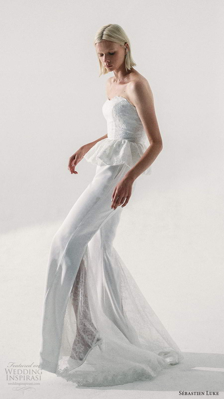 sebastien luke fall 2020 bridal strapless sweetheart neckline embellished lace bodice peplum pant wedding dress (8) mv