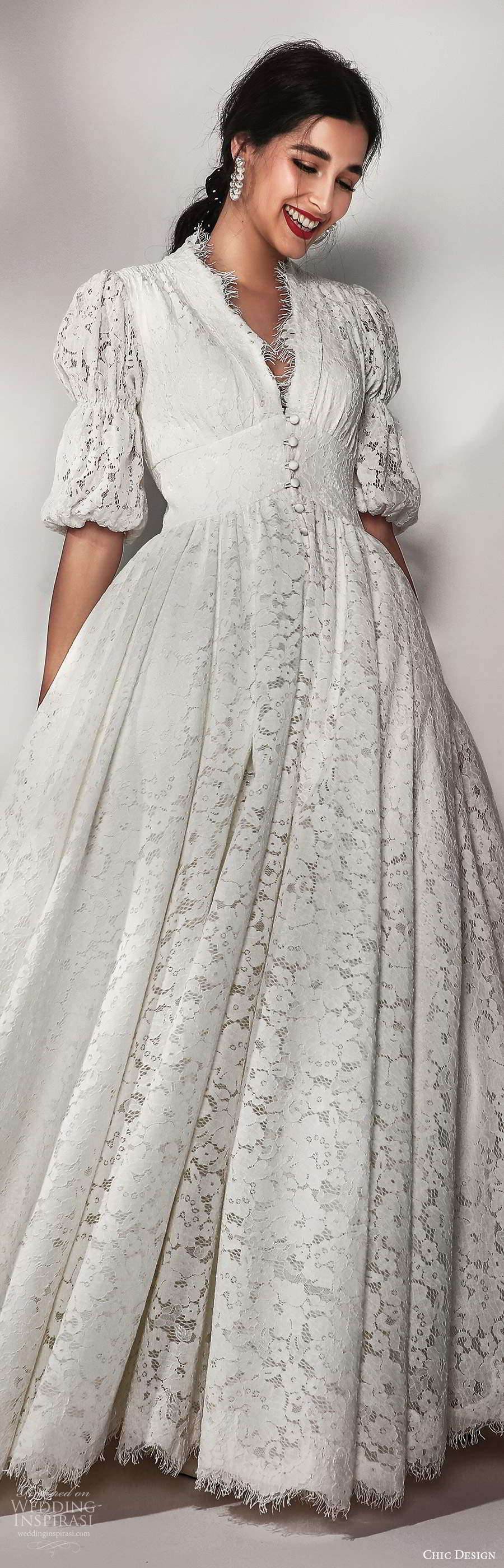 chic design 2020 bridal puff half sleeves v neckline embellished lace a line ball gown wedding dress chapel train (1) lv