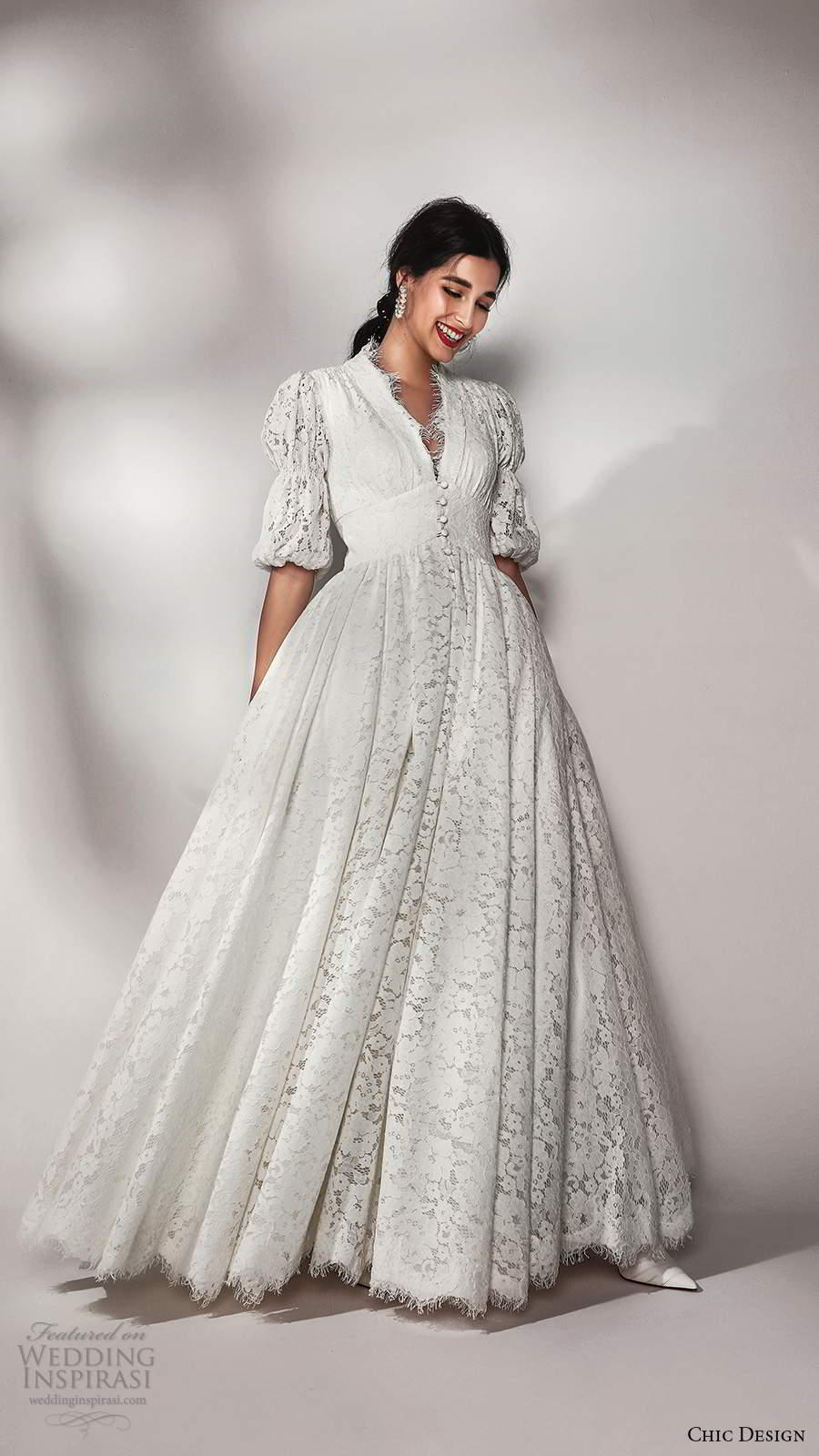 chic design 2020 bridal puff half sleeves v neckline embellished lace a line ball gown wedding dress chapel train (1) mv