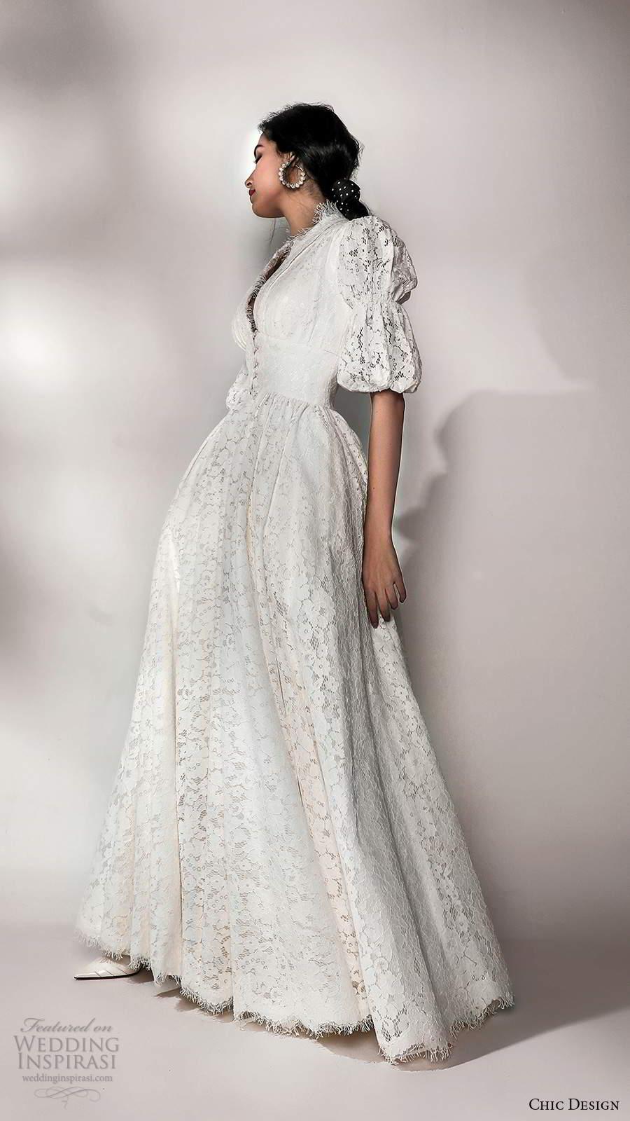 chic design 2020 bridal puff half sleeves v neckline embellished lace a line ball gown wedding dress chapel train (1) sv