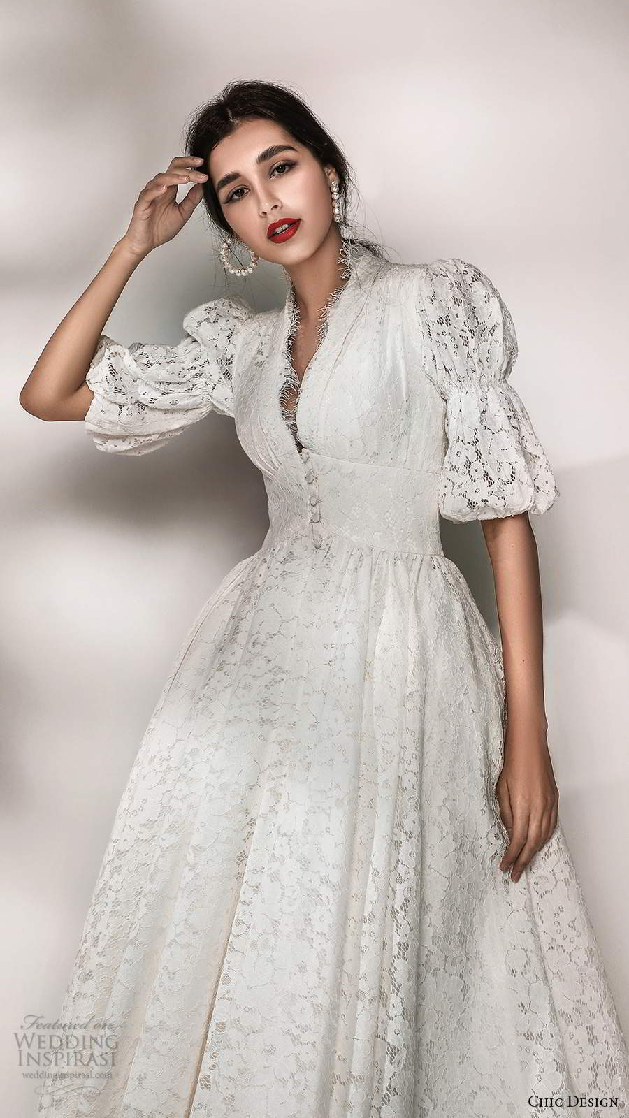 chic design 2020 bridal puff half sleeves v neckline embellished lace a line ball gown wedding dress chapel train (1) zv