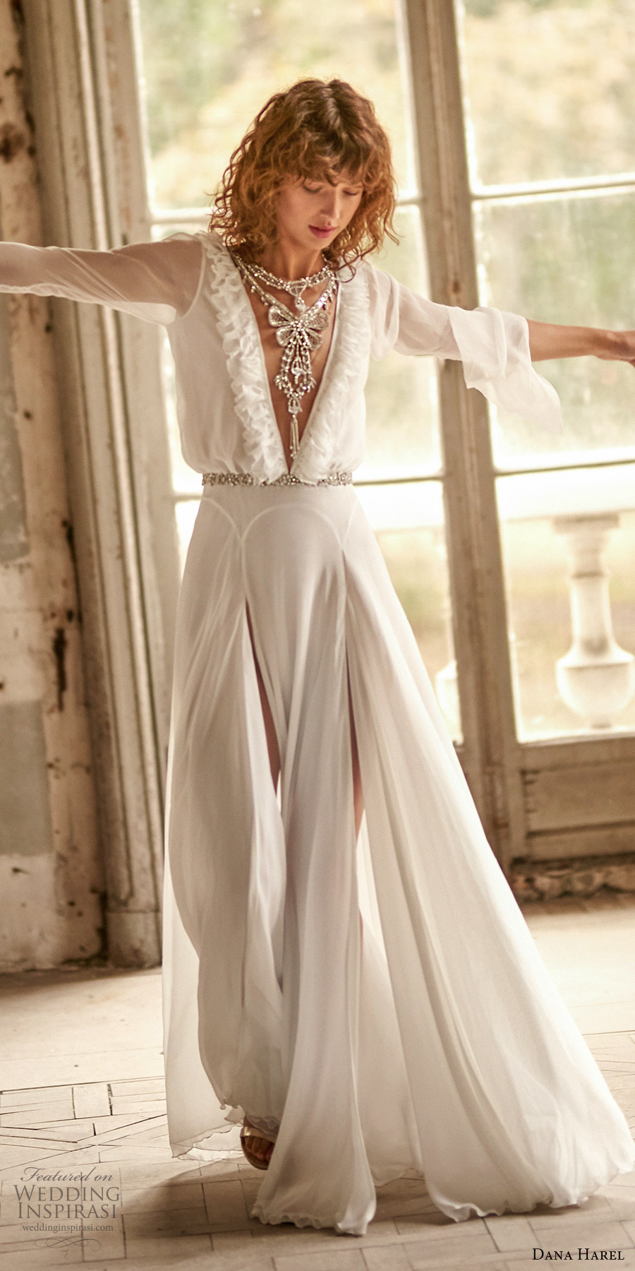 dana harel fall 2020 bridal flare long sleeve ruffle plunging v neckline belt a line wedding dress double slit skirt v back (8) mv