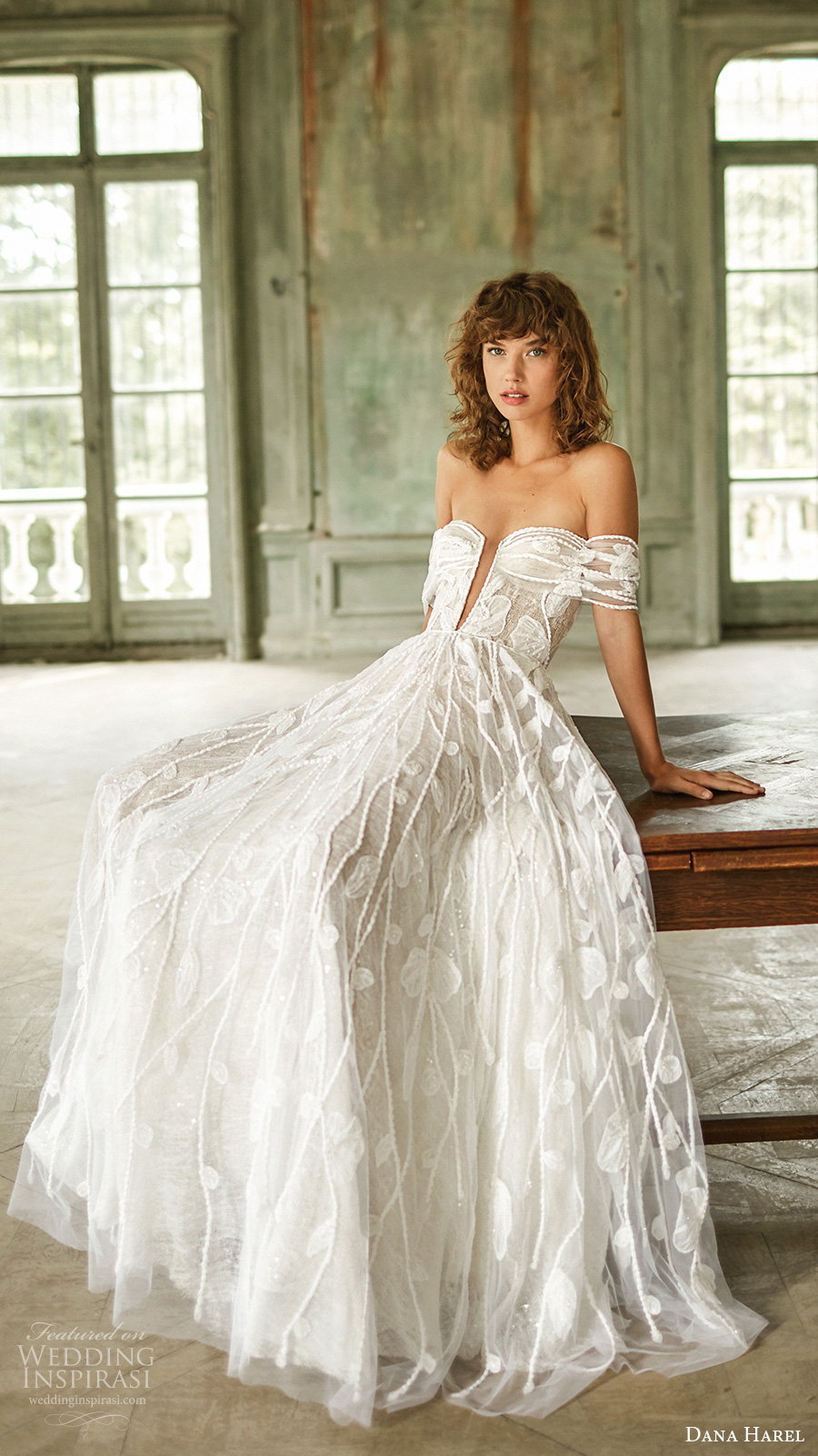 dana harel fall 2020 bridal off shoulder semi sweetheart neckline embellished a line ball gown wedding dress (10) fv