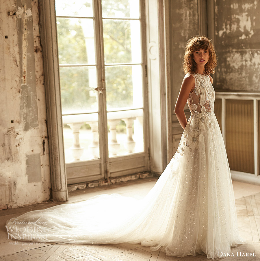 dana harel fall 2020 bridal sleeveless high neckline embellished bodice a line ball gown wedding dress cathedral train (6) mv