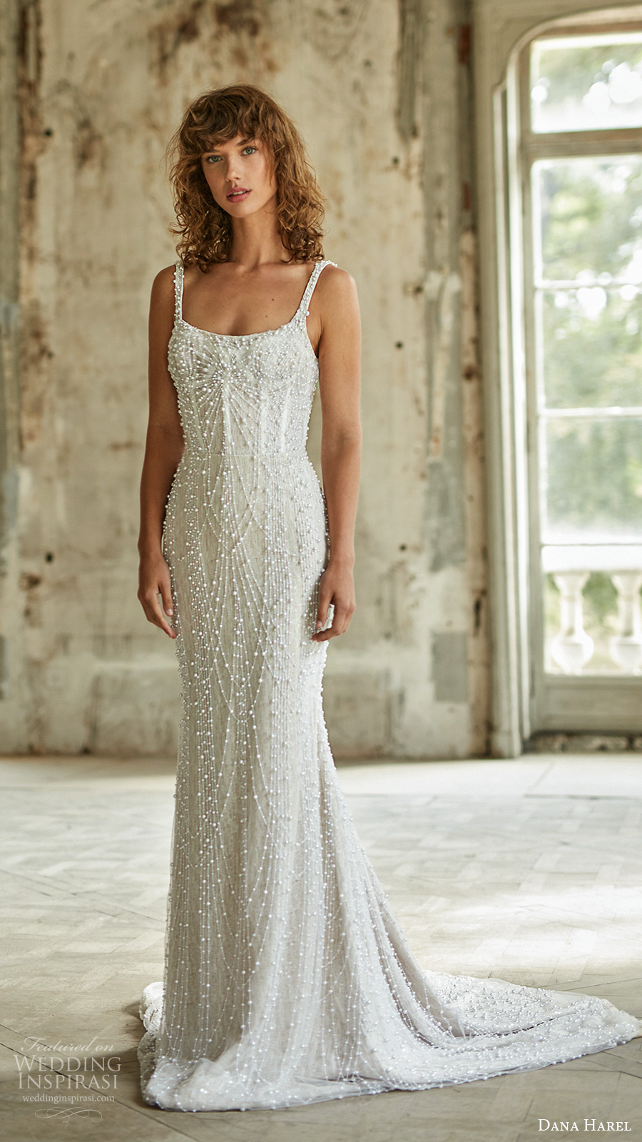 dana harel fall 2020 bridal sleeveless straps square neckline fully embellished sheath wedding dress chapel train (5) mv