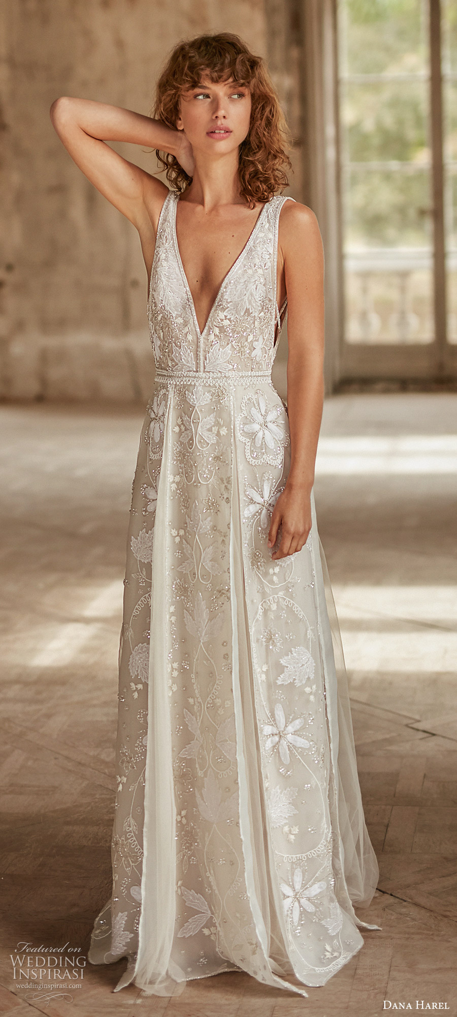 dana harel fall 2020 bridal sleeveless thick straps plunging v neckline fully embellished a line ball gown wedding dress side cutout (1) mv