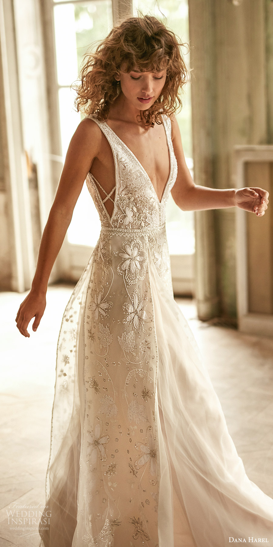 dana harel fall 2020 bridal sleeveless thick straps plunging v neckline fully embellished a line ball gown wedding dress side cutout (1) zsv