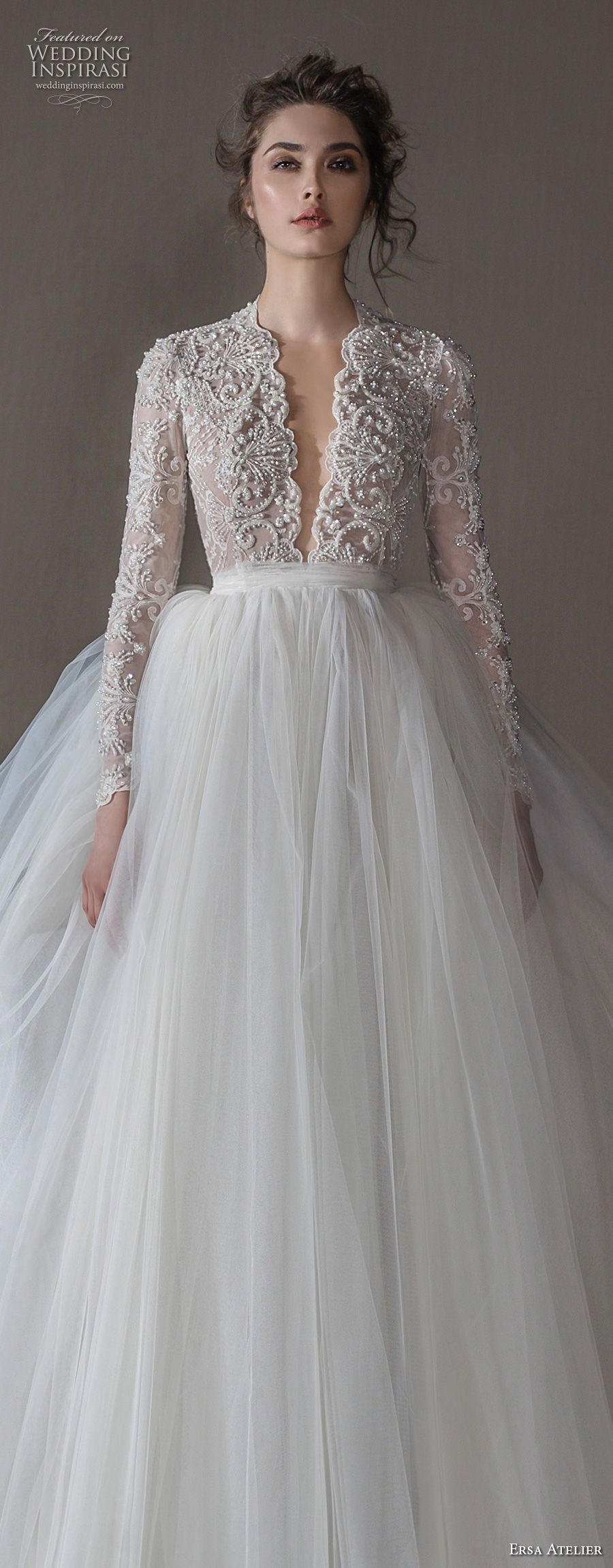 ersa atelier spring 2020 bridal long sleeves deep plunging v neck heavily embellished bodice romantic ball gown a  line wedding dress (6) lv
