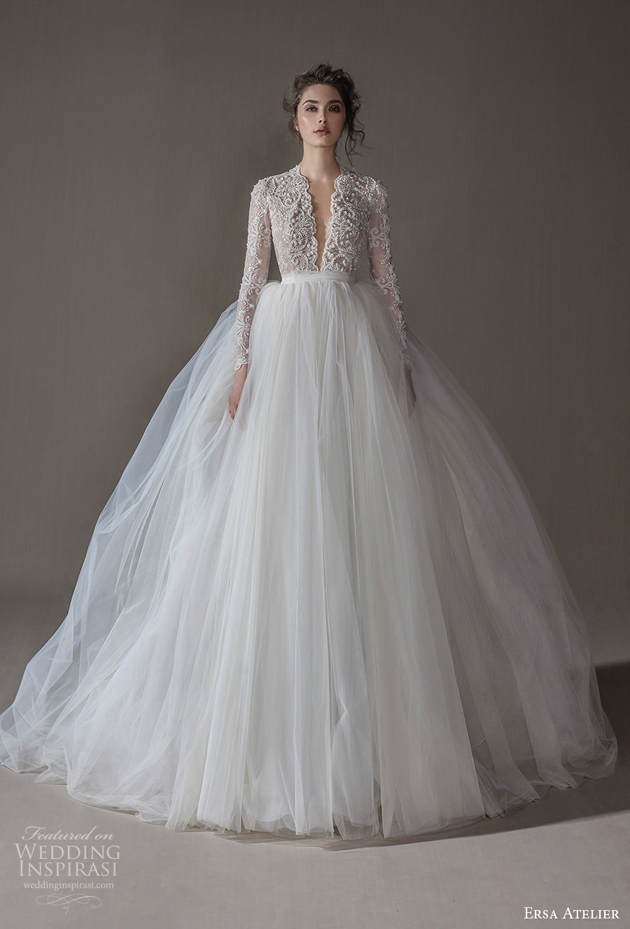 ersa atelier spring 2020 bridal long sleeves deep plunging v neck heavily embellished bodice romantic ball gown a  line wedding dress (6) mv