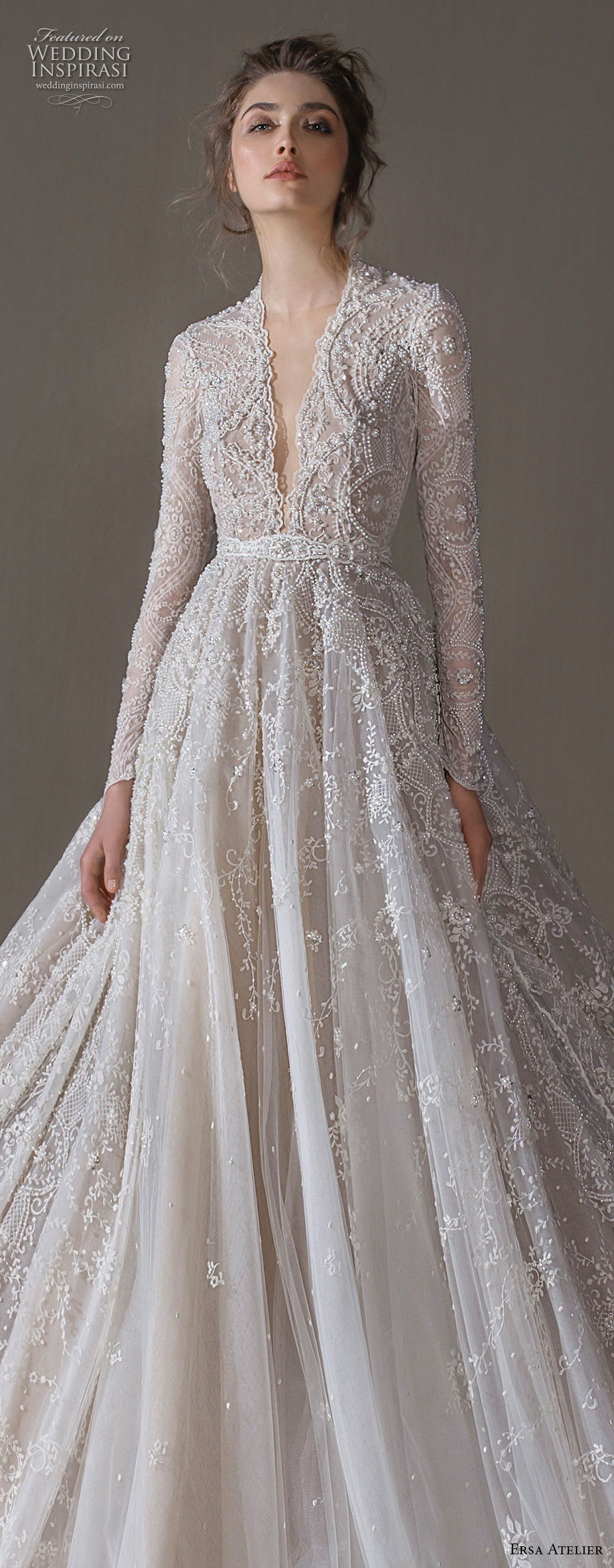 ersa atelier spring 2020 bridal long sleeves deep v neck full embellishment princess elegant a  line wedding dress (13) lv