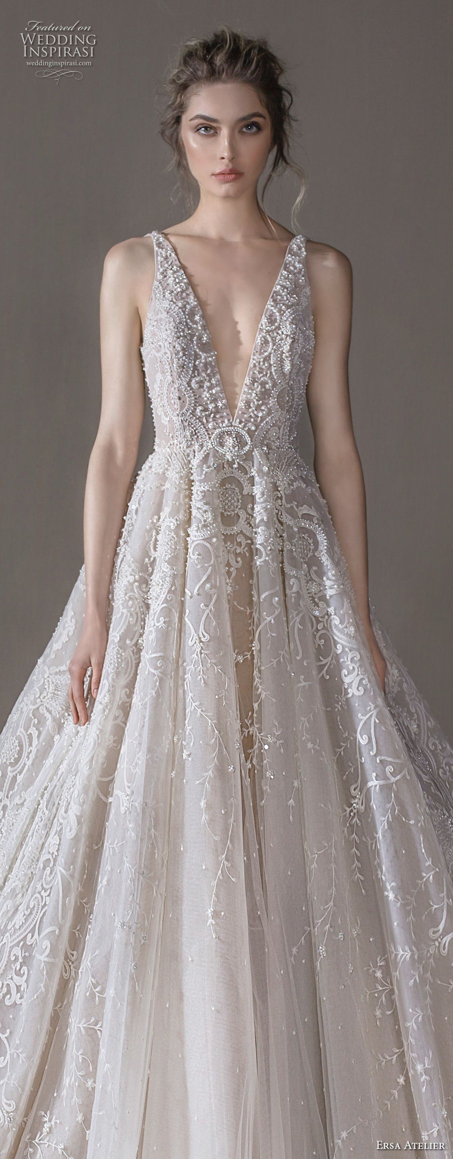 ersa atelier spring 2020 bridal sleeveless deep v neck full embellishment glamorous champagne a  line wedding dress (9) lv
