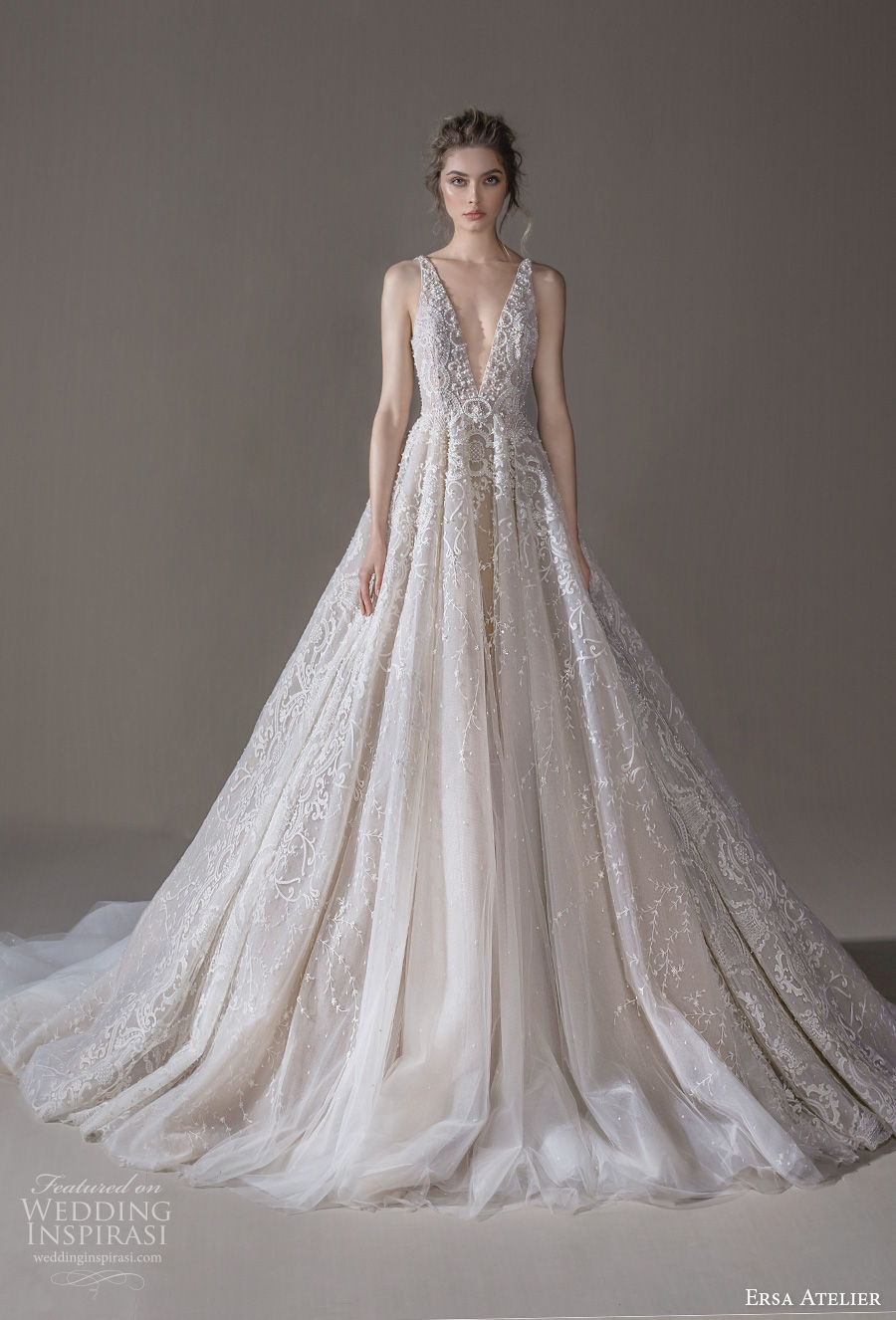 ersa atelier spring 2020 bridal sleeveless deep v neck full embellishment glamorous champagne a  line wedding dress (9) mv