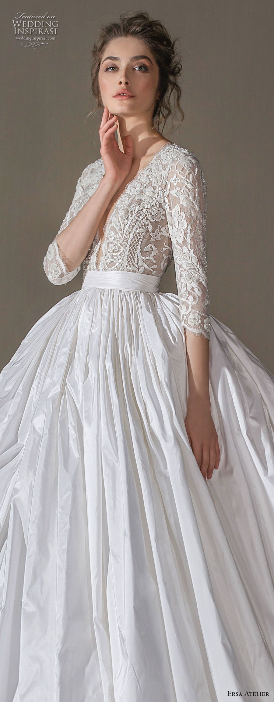 ersa atelier spring 2020 bridal three quarter sleeves deep plunging v neck heavily embellished bodice romantic princess ball gown a  line wedding dress (18) lv