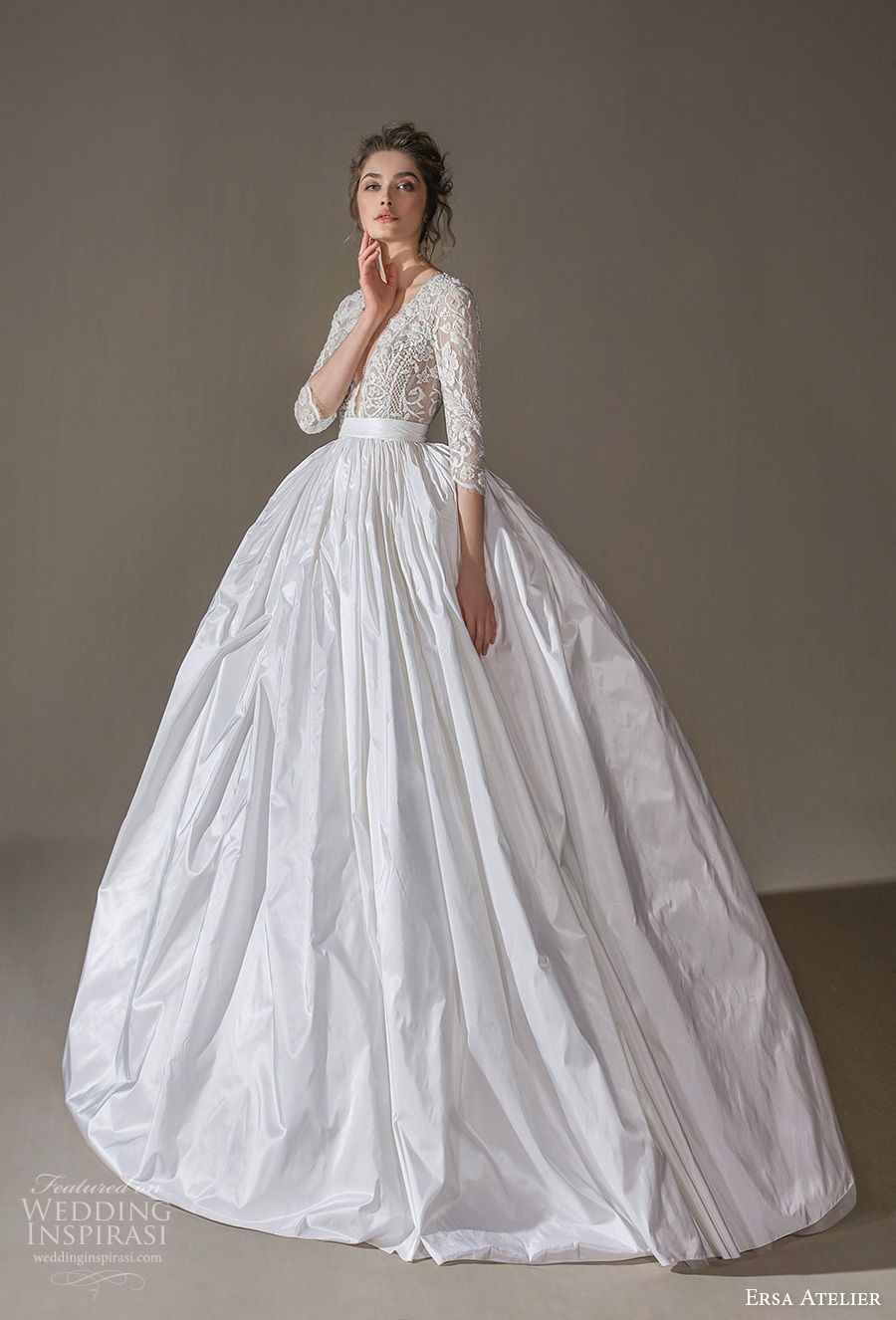 ersa atelier spring 2020 bridal three quarter sleeves deep plunging v neck heavily embellished bodice romantic princess ball gown a  line wedding dress (18) mv