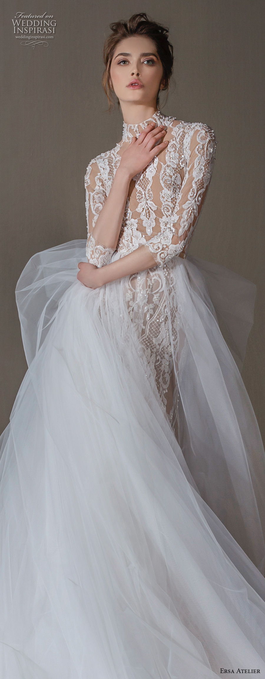 ersa atelier spring 2020 bridal three quarter sleeves high neck full embellishment elegant a  line wedding dress overskirt (19) lv