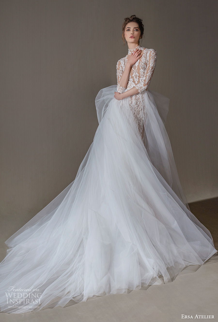 ersa atelier spring 2020 bridal three quarter sleeves high neck full embellishment elegant a  line wedding dress overskirt (19) mv