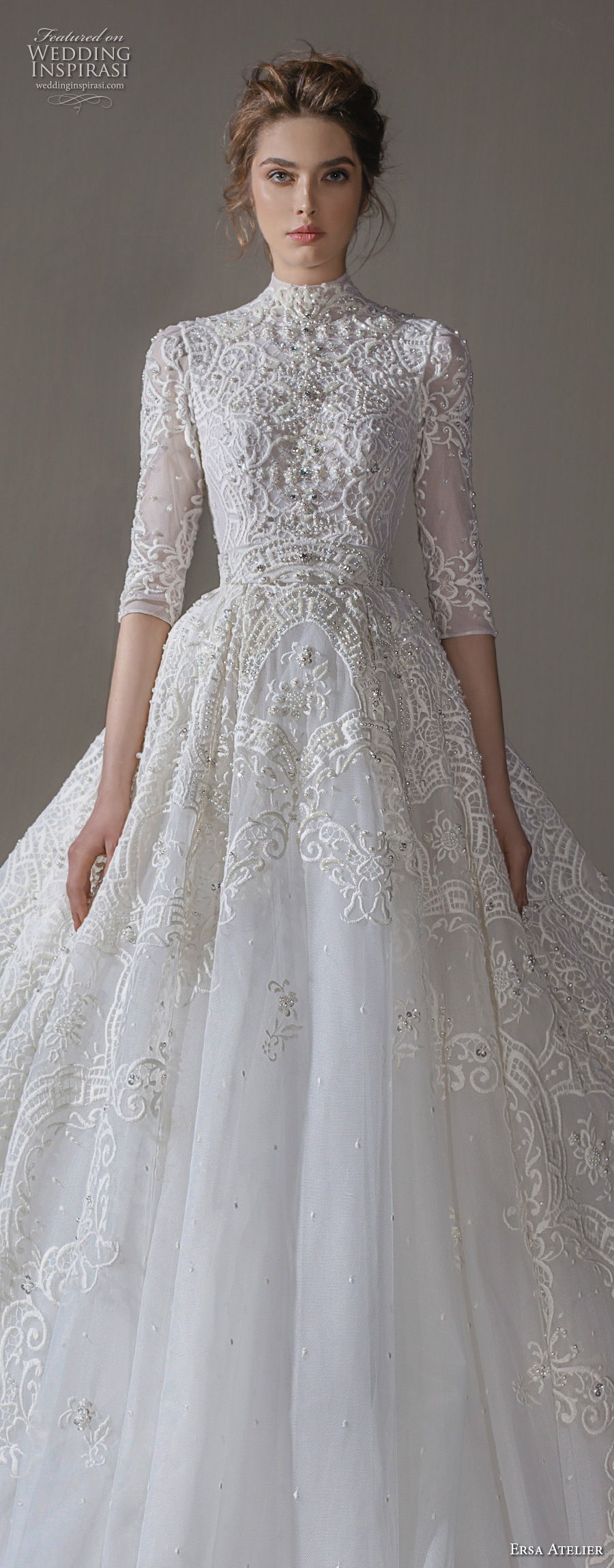 ersa atelier spring 2020 bridal three quarter sleeves high neck full embellishment modest princess a  line wedding dress (7) lv