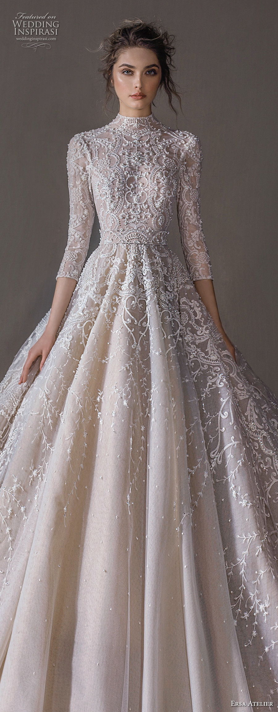 ersa atelier spring 2020 bridal three quarter sleeves high neck full embellishment princess a  line wedding dress (2) lv