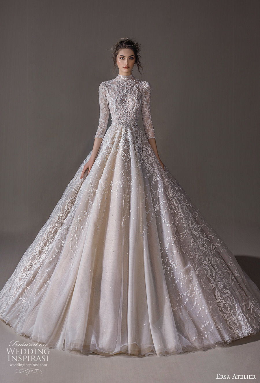 ersa atelier spring 2020 bridal three quarter sleeves high neck full embellishment princess a  line wedding dress (2) mv