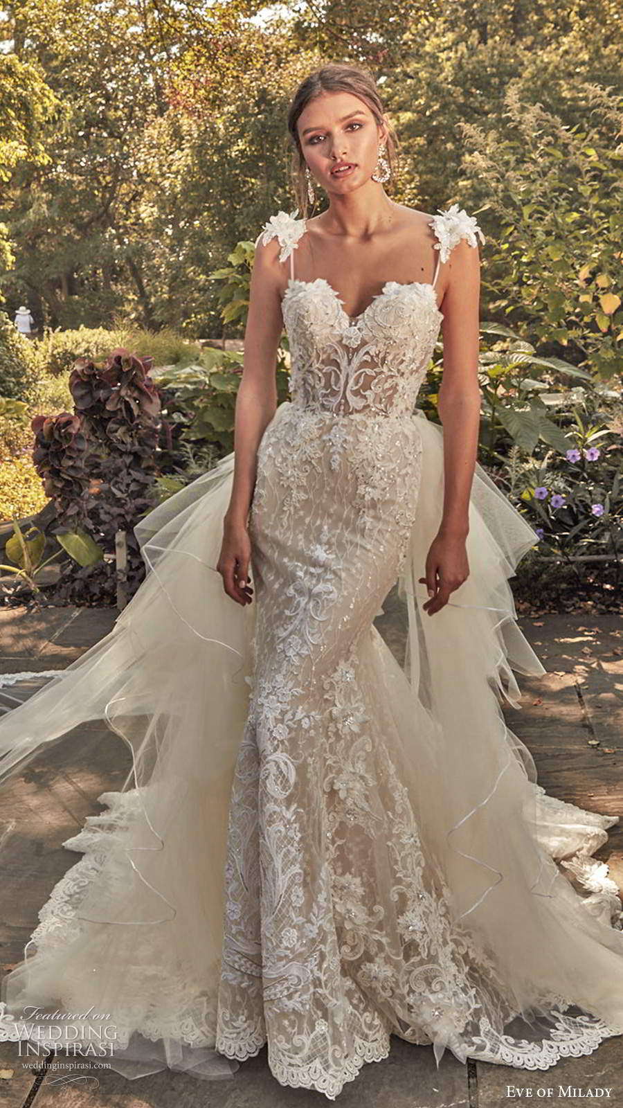 eve of milady spring 2020 bridal sleeveless straps sweetheart neckline fully embellished sheath mermaid lace wedding dress ball gown overskirt chapel train (1) fv