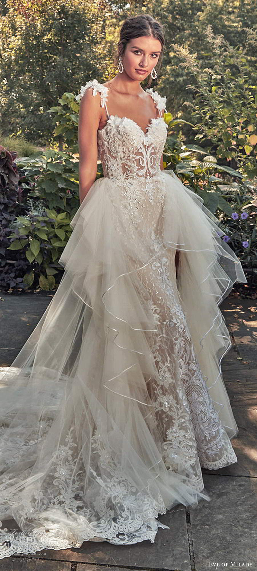 eve of milady spring 2020 bridal sleeveless straps sweetheart neckline fully embellished sheath mermaid lace wedding dress ball gown overskirt chapel train (1) lv