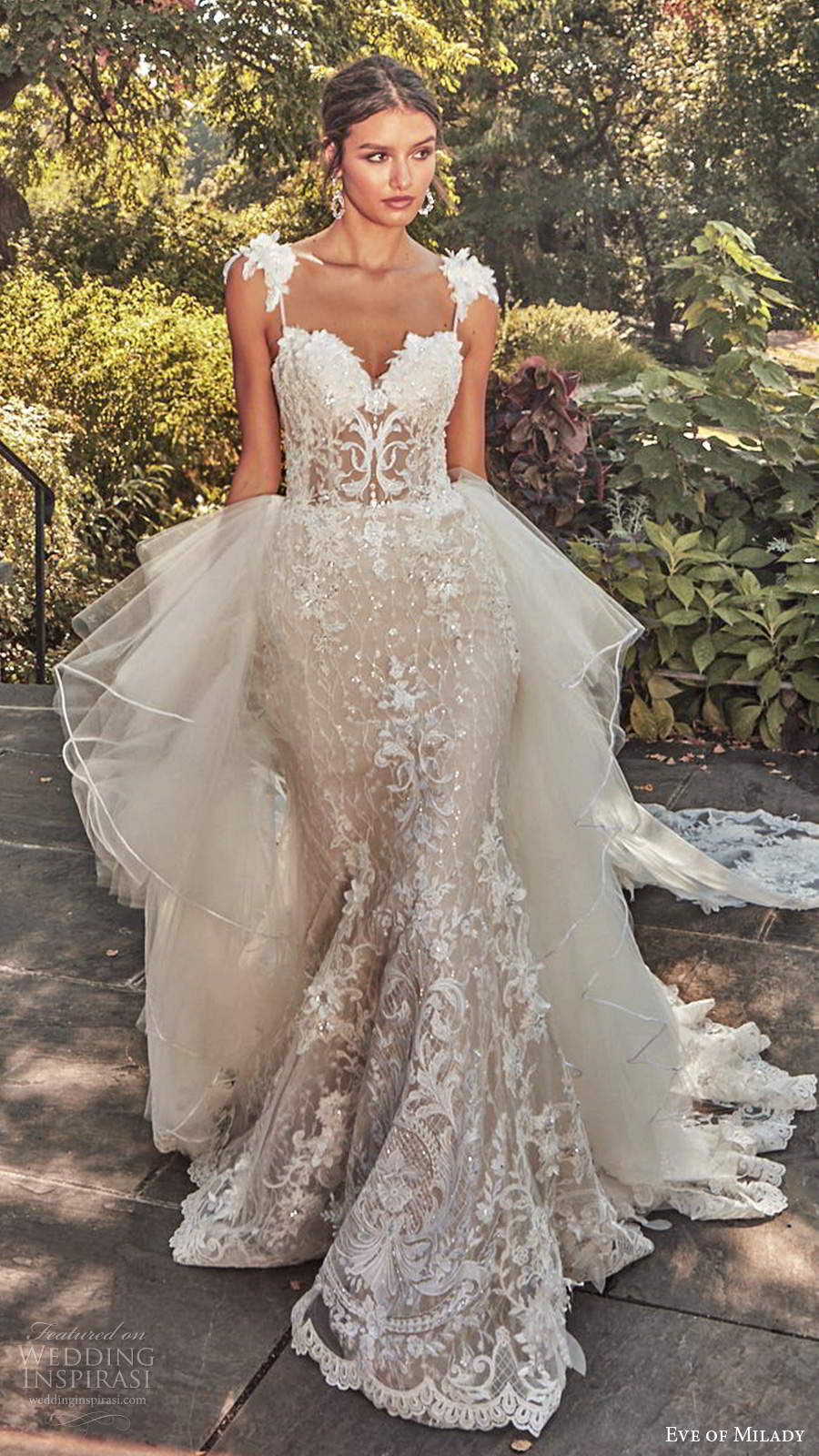 eve of milady spring 2020 bridal sleeveless straps sweetheart neckline fully embellished sheath mermaid lace wedding dress ball gown overskirt chapel train (1) mv