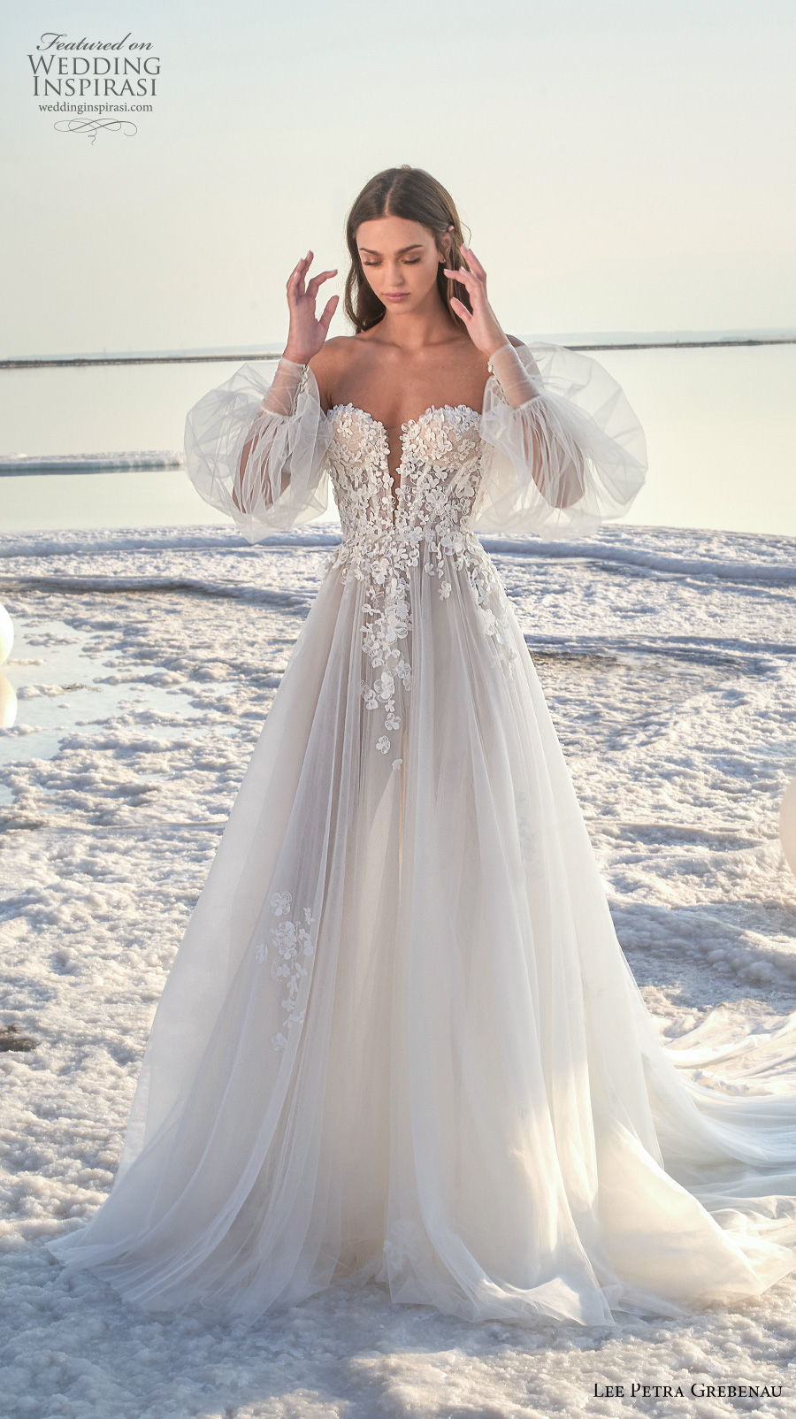 lee petra grebenau 2020 bridal long bishop sleeve off the shoulder sweetheart neckline heavily embellished bodice romantic a  line wedding dress mid back chapel train (4) mv