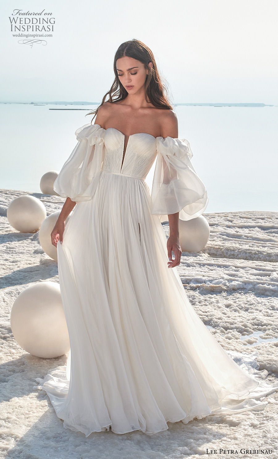 lee petra grebenau 2020 bridal long bouffant sleeves off the shoulder sweetheart neckline ruched bodice slit skirt simple romantic a  line wedding dress mid back chapel train (5) mv