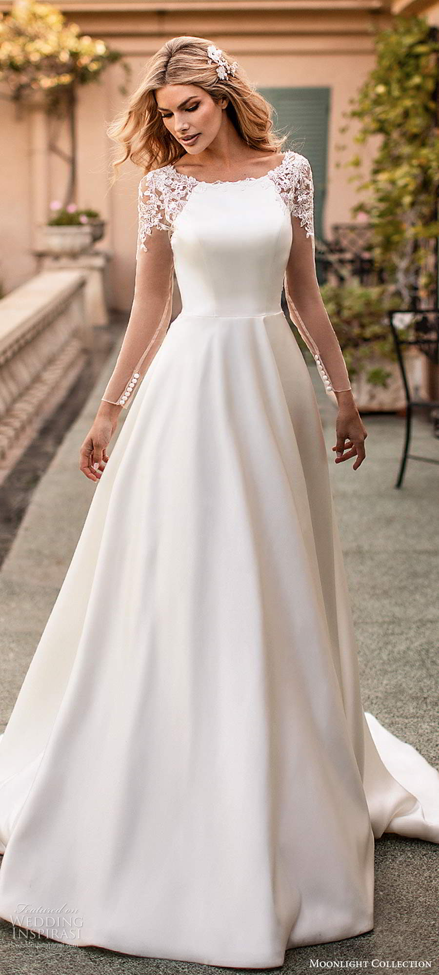 moonlight collection fall 2020 bridal illusion long sleeve bateau neckline clean minimalist a line ball gown wedding dress chapel train (3) lv