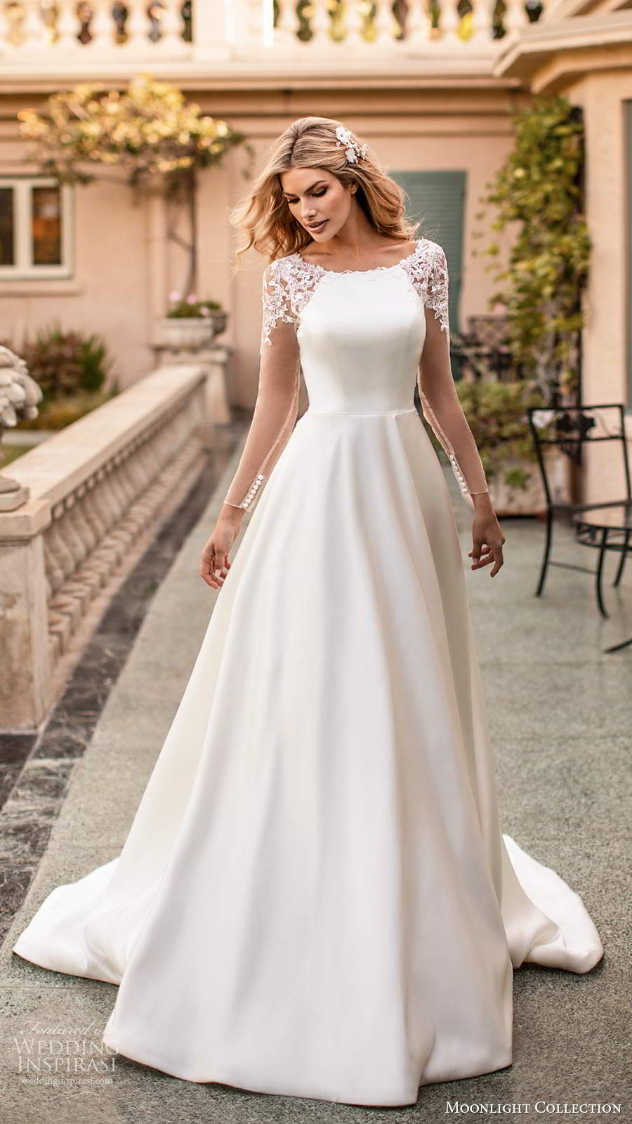 moonlight collection fall 2020 bridal illusion long sleeve bateau neckline clean minimalist a line ball gown wedding dress chapel train (3) mv