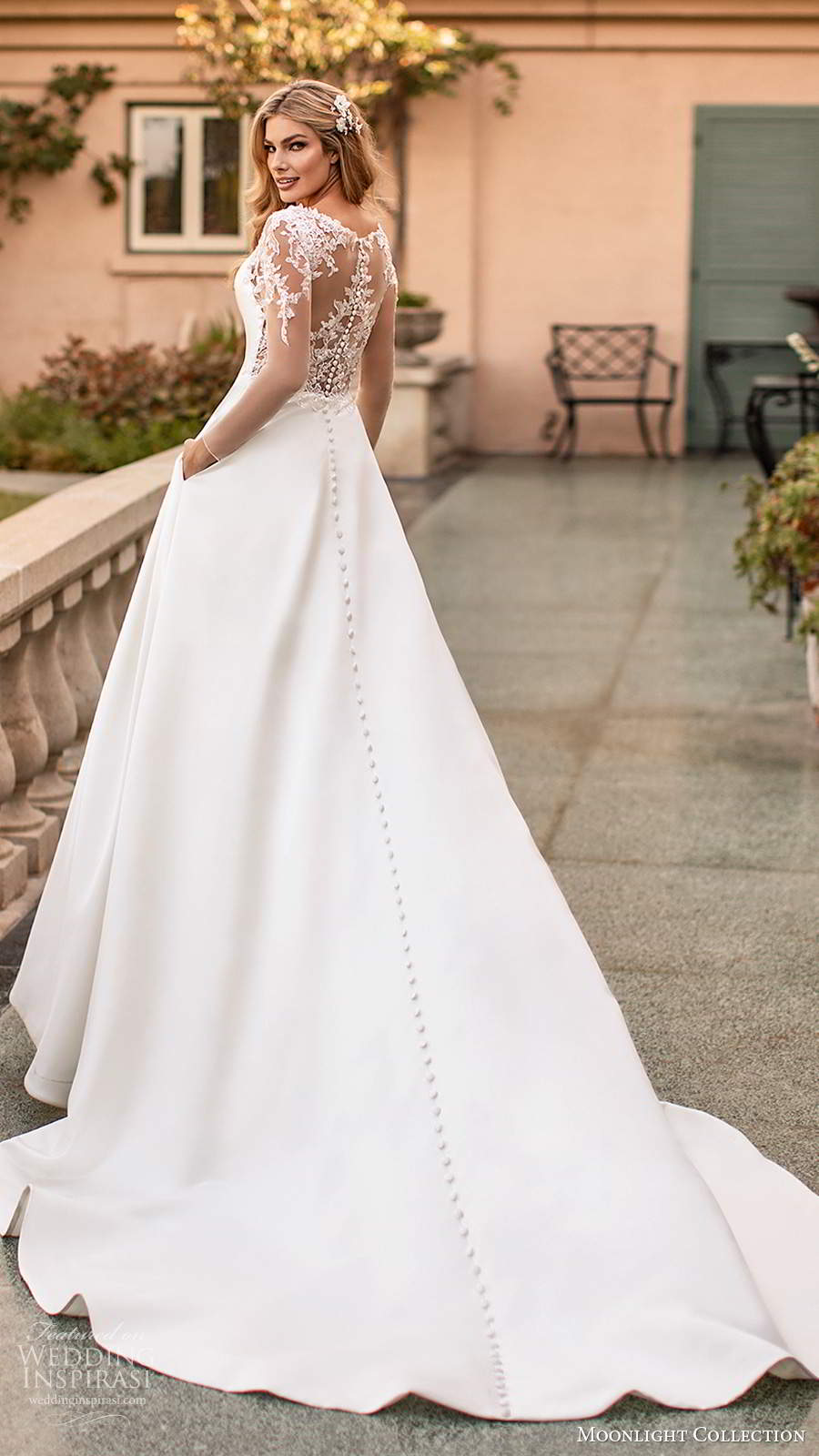 moonlight collection fall 2020 bridal illusion long sleeve bateau neckline clean minimalist a line ball gown wedding dress illusion back chapel train (3) bv