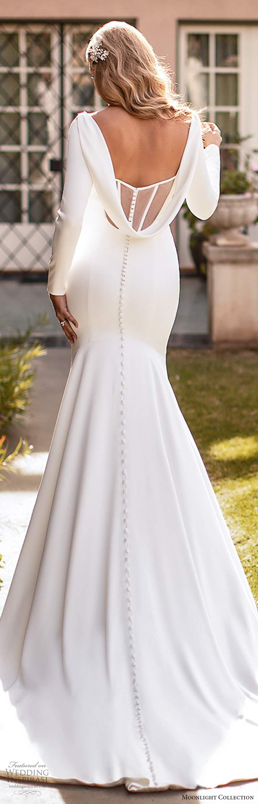 moonlight collection fall 2020 bridal long sleeves bateau neckline clean minimalist fit flare mermaid weddng dress chapel train (2) zbv