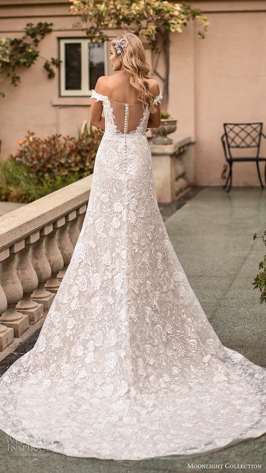 moonlight collection fall 2020 bridal off shoulder straps plunging sweetheart neckline fully embellished fit flare a line wedding dress sheer back chapel train (5) bv