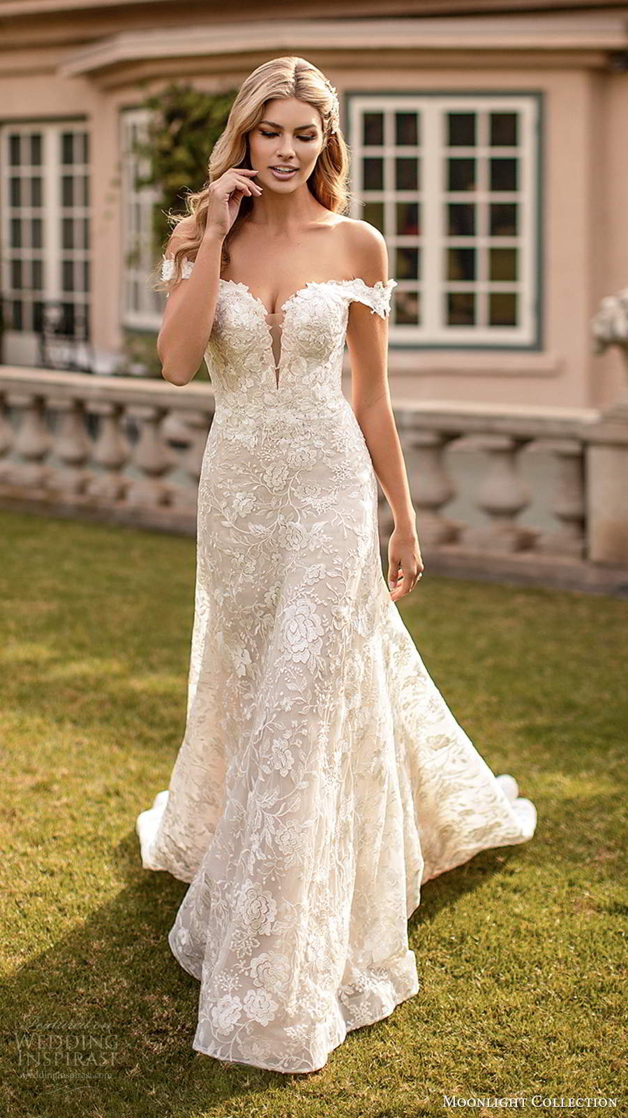 moonlight collection fall 2020 bridal off shoulder straps plunging sweetheart neckline fully embellished fit flare a line wedding dress sheer back chapel train (5) mv