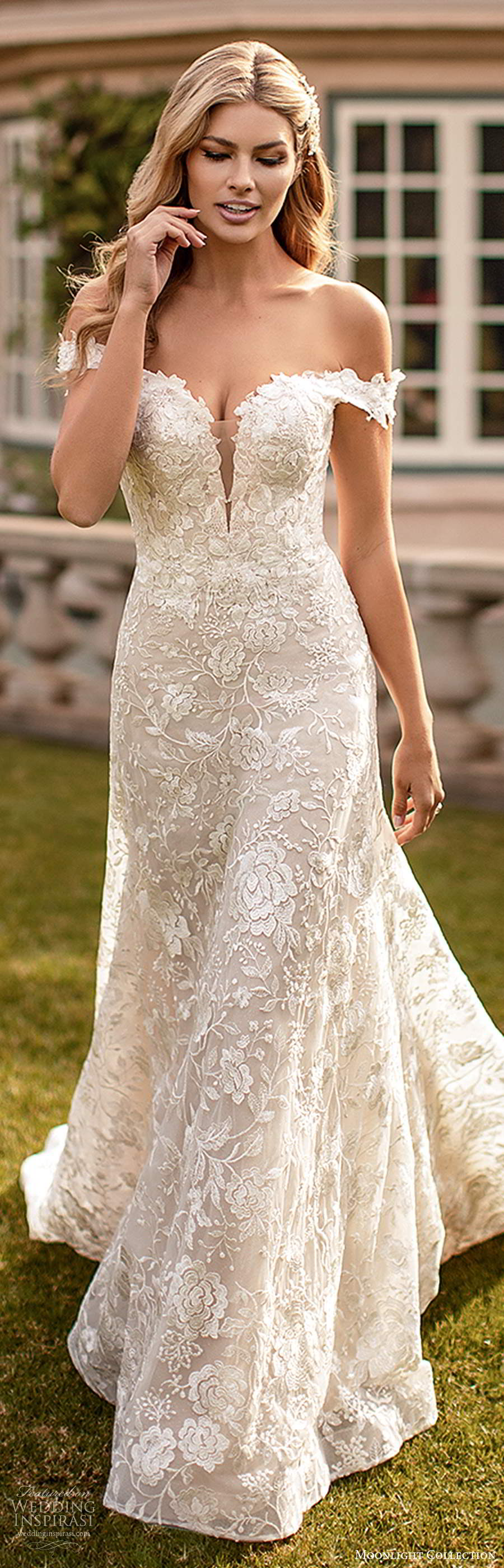 moonlight collection fall 2020 bridal off shoulder straps plunging sweetheart neckline fully embellished fit flare a line wedding dress sheer back chapel train (5) zv