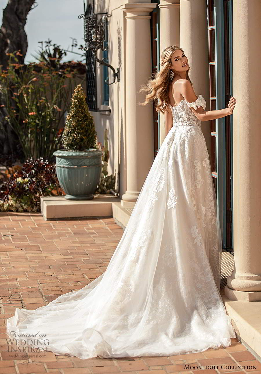 moonlight collection fall 2020 bridal off shoulder straps sweetheart neckline embellished bodice a line ball gown wedding dress chapel train (7) bv