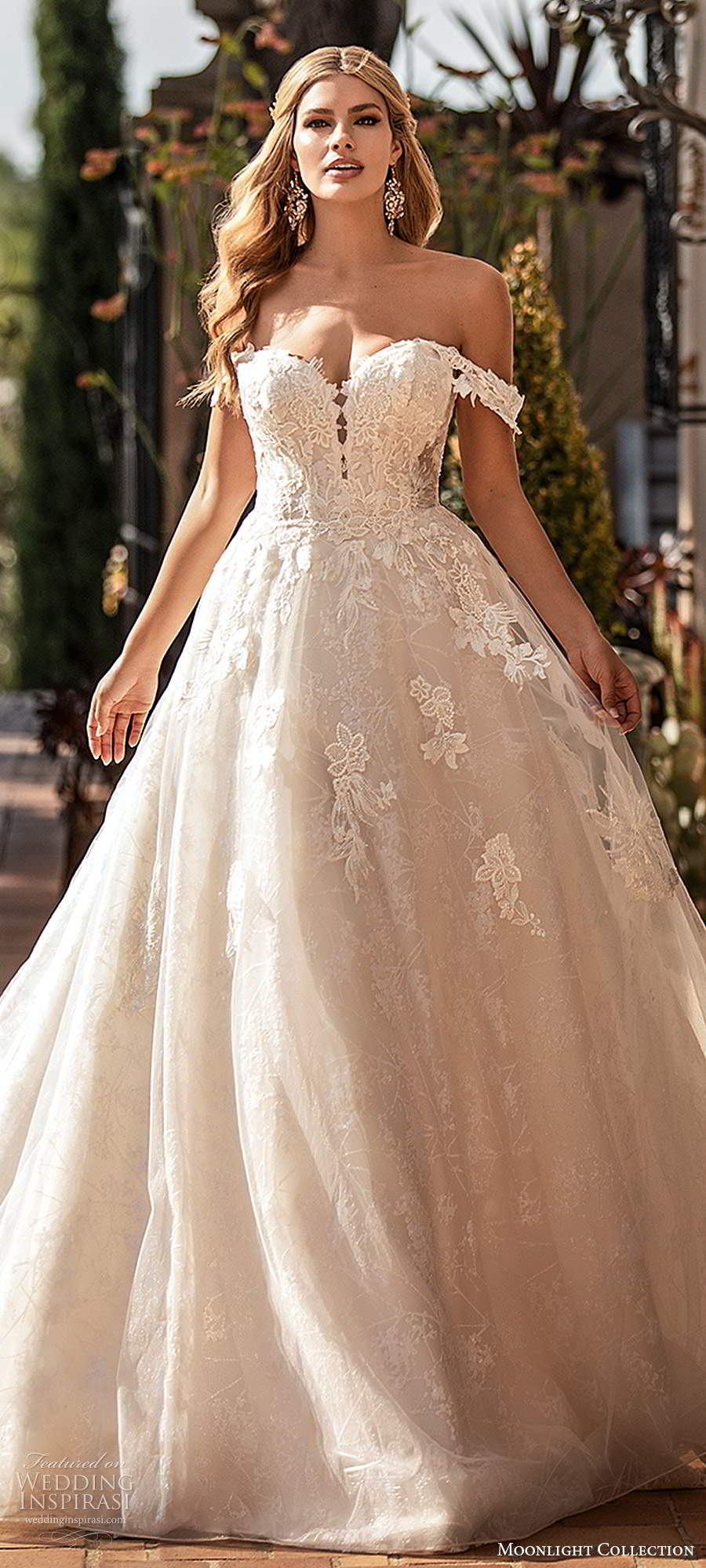 moonlight collection fall 2020 bridal off shoulder straps sweetheart neckline embellished bodice a line ball gown wedding dress chapel train (7) zv