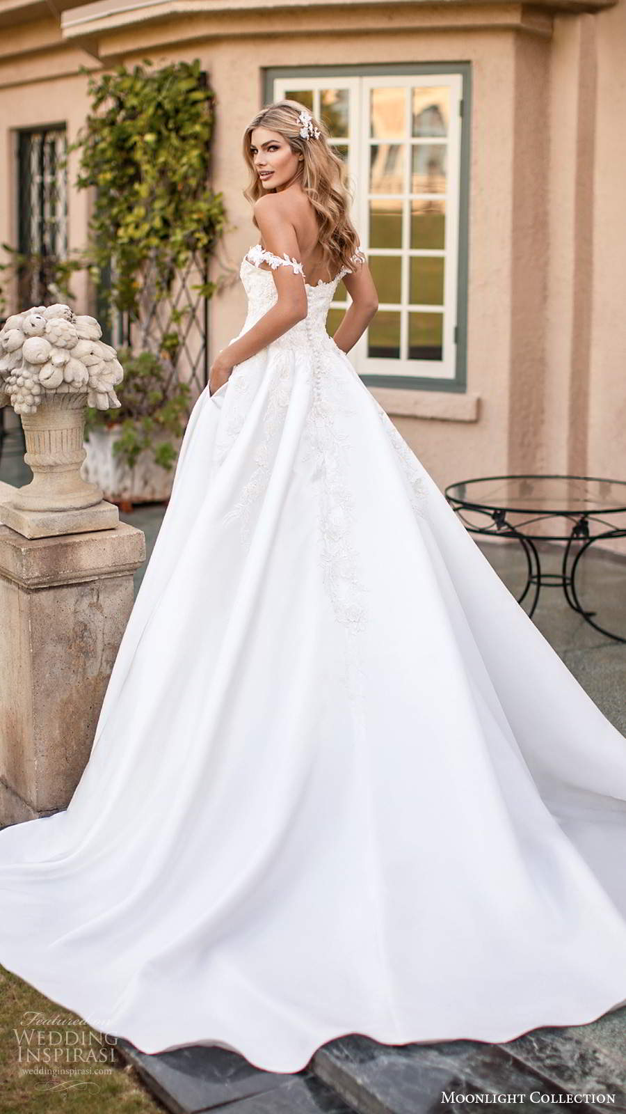 moonlight collection fall 2020 bridal off shoulder straps sweetheart neckline lace embellished a line ball gown wedding dress chapel train (8) bv