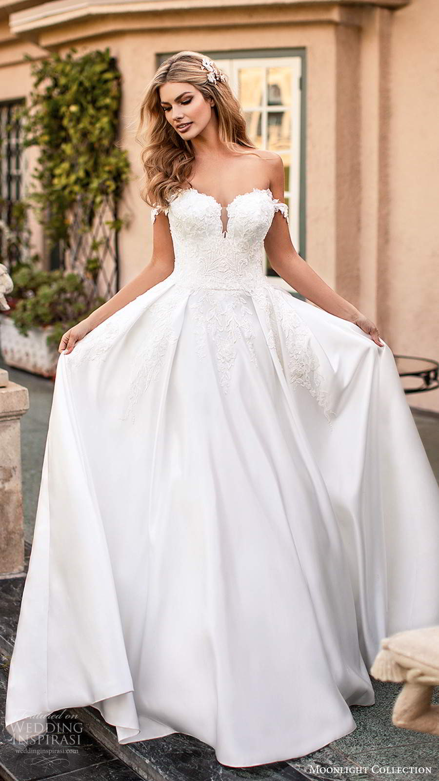 moonlight collection fall 2020 bridal off shoulder straps sweetheart neckline lace embellished a line ball gown wedding dress chapel train (8) mv