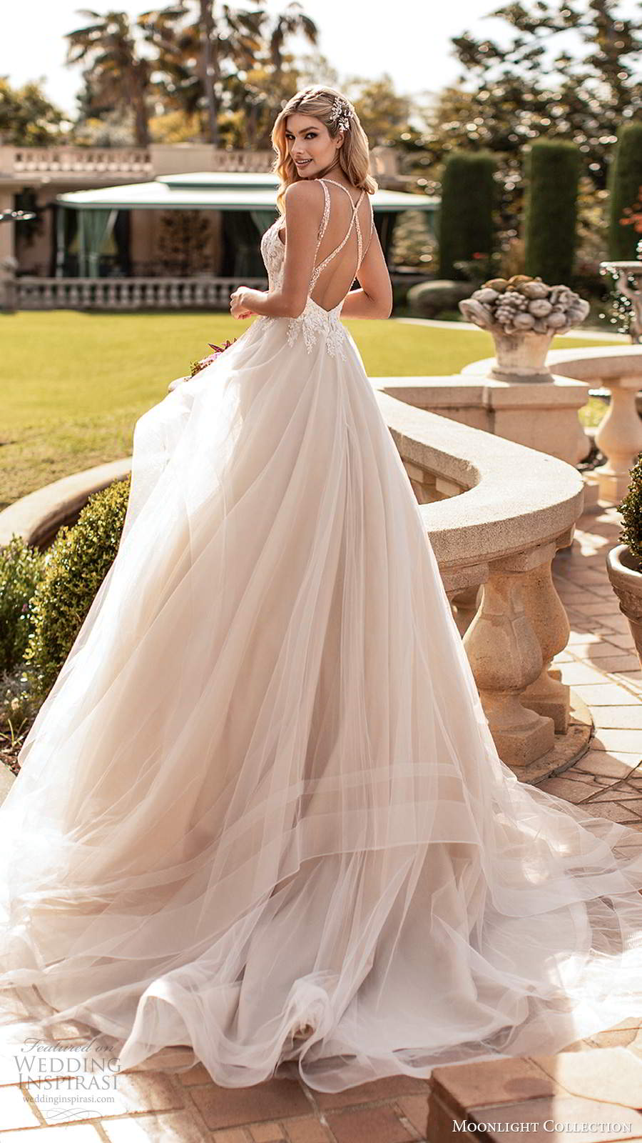 moonlight collection fall 2020 bridal sleeveless beaded straps sweetheart neckline embellished bodice a line ball gown wedding dress tiered skirt chapel train (4) bv
