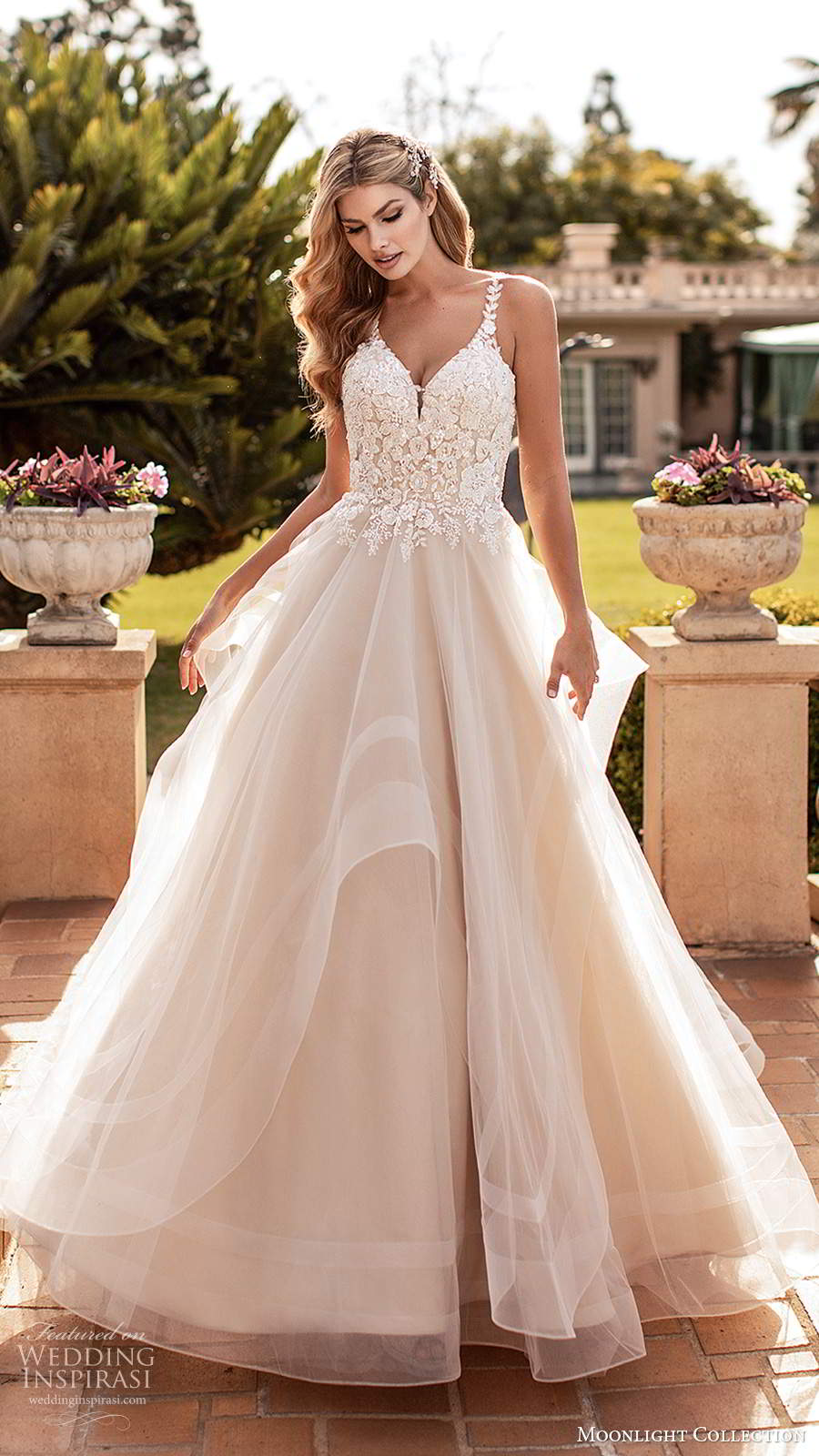 moonlight collection fall 2020 bridal sleeveless beaded straps sweetheart neckline embellished bodice a line ball gown wedding dress tiered skirt chapel train (4) mv