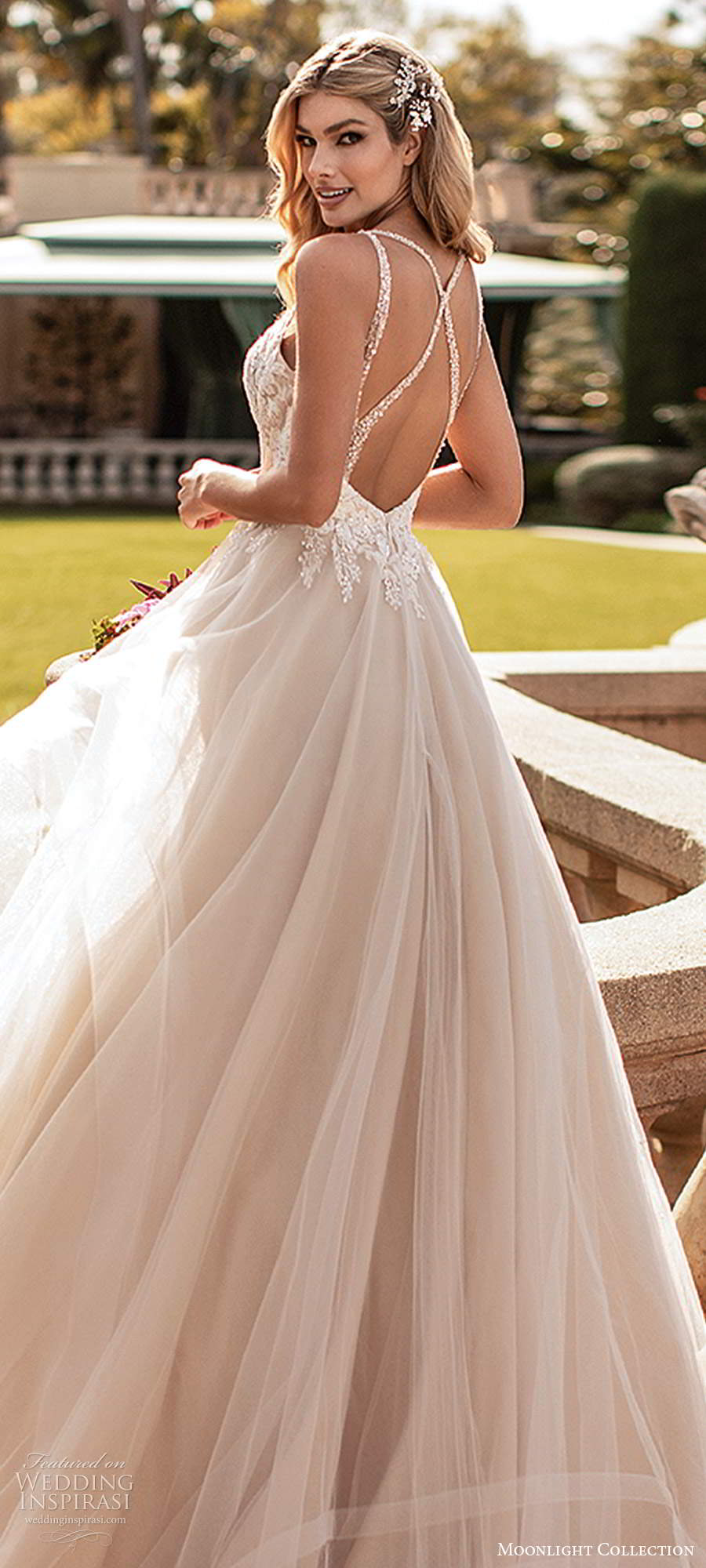 moonlight collection fall 2020 bridal sleeveless beaded straps sweetheart neckline embellished bodice a line ball gown wedding dress tiered skirt chapel train (4) zbv