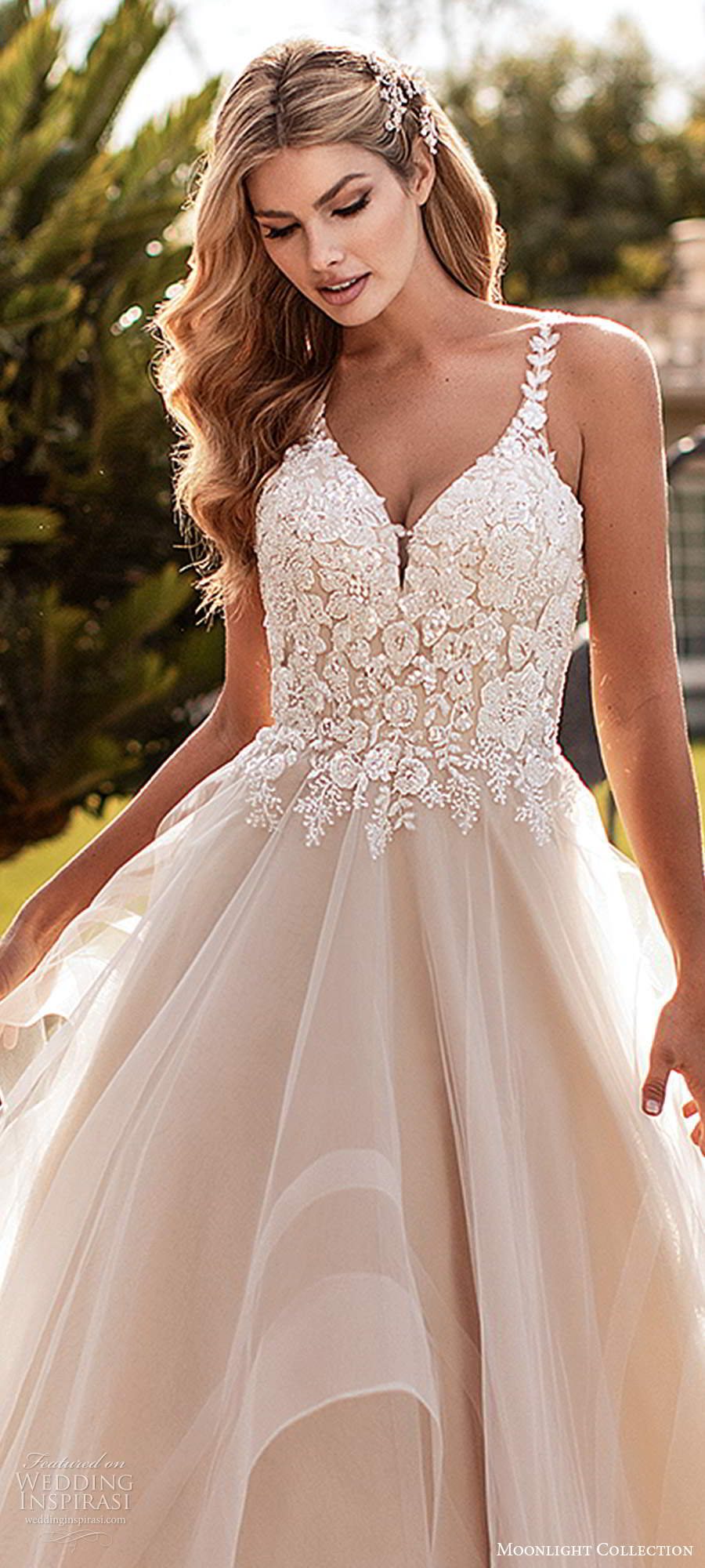 moonlight collection fall 2020 bridal sleeveless beaded straps sweetheart neckline embellished bodice a line ball gown wedding dress tiered skirt chapel train (4) zv
