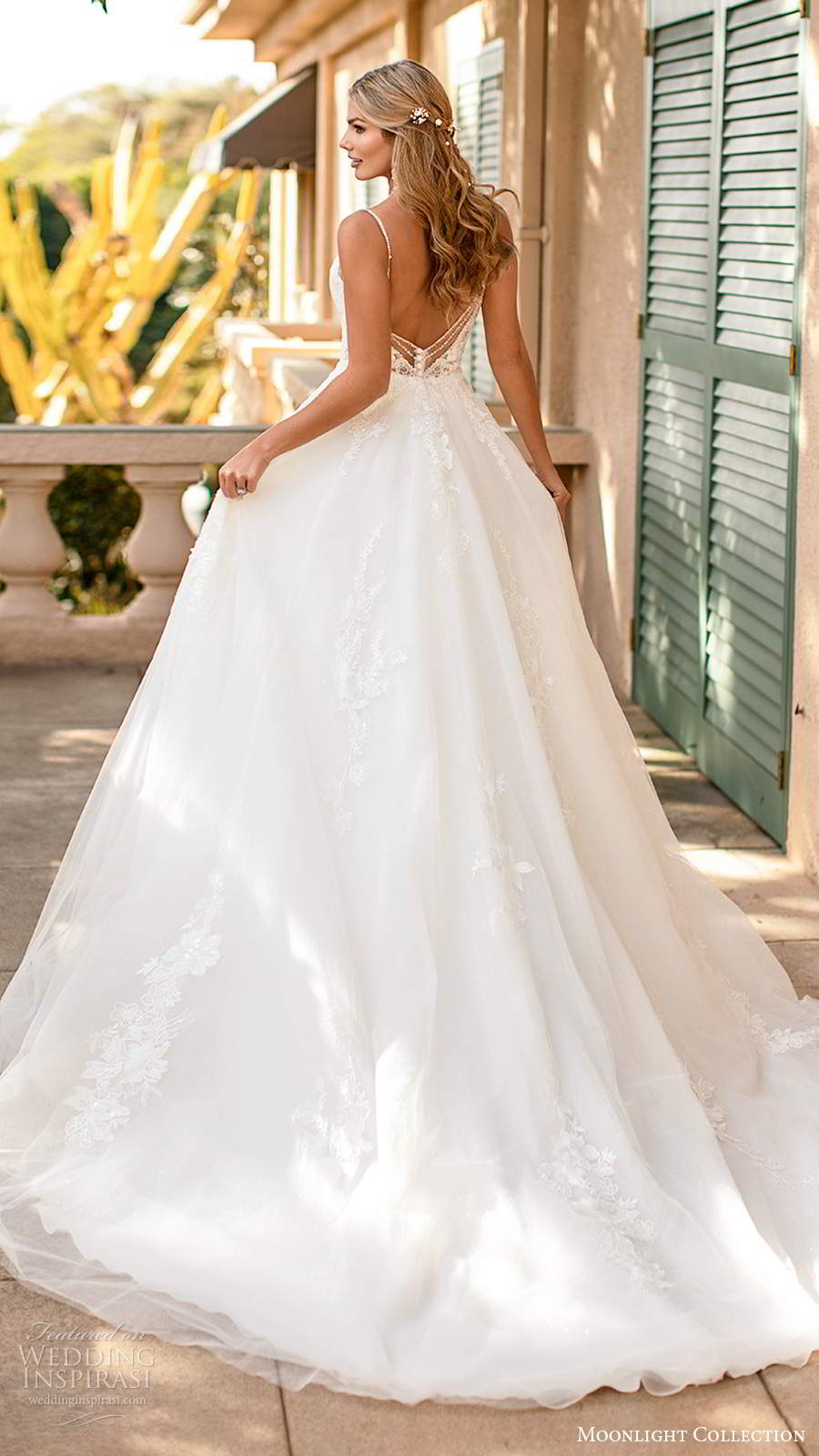 moonlight collection fall 2020 bridal sleeveless beaded straps v neckline embellished bodice a line ball gown wedding dress chapel train (11) bv