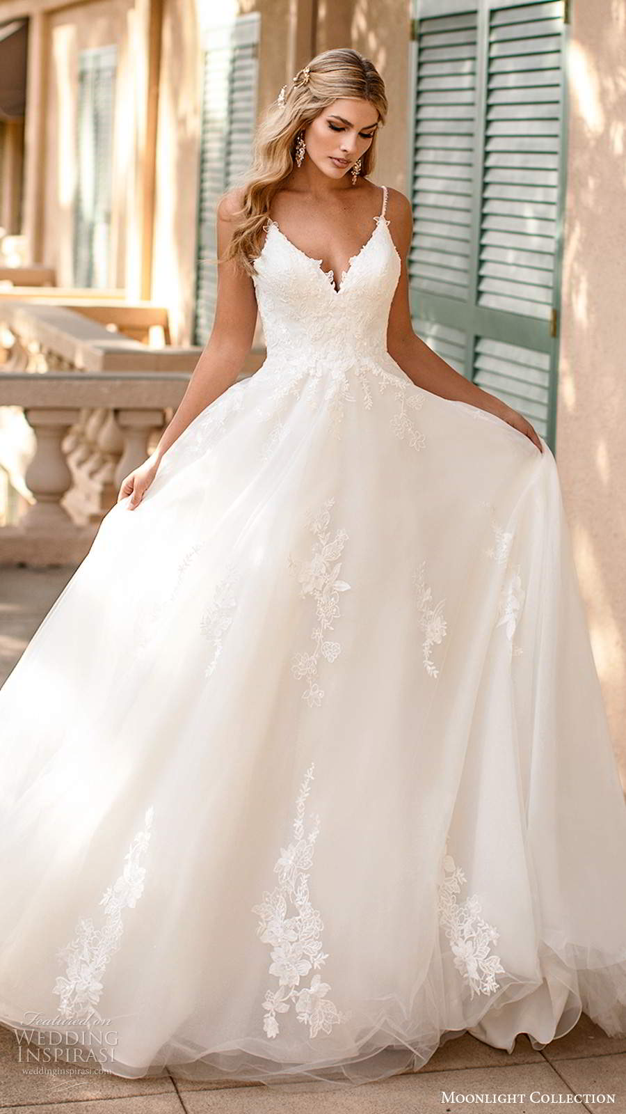 moonlight collection fall 2020 bridal sleeveless beaded straps v neckline embellished bodice a line ball gown wedding dress chapel train (11) mv