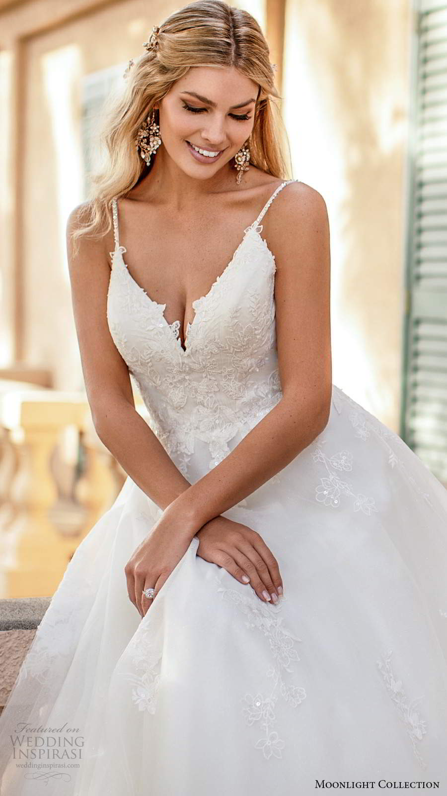moonlight collection fall 2020 bridal sleeveless beaded straps v neckline embellished bodice a line ball gown wedding dress chapel train (11) zv