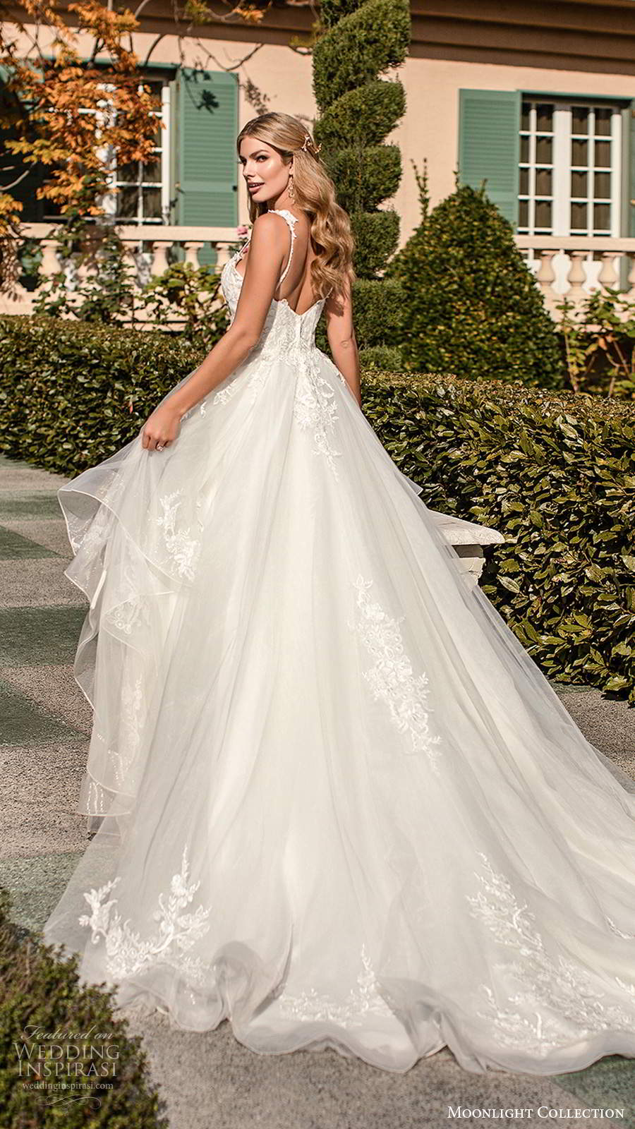 moonlight collection fall 2020 bridal sleeveless straps sweetheart neckline heavily embellished bodice a line ball gown wedding dress chapel train (10) bv