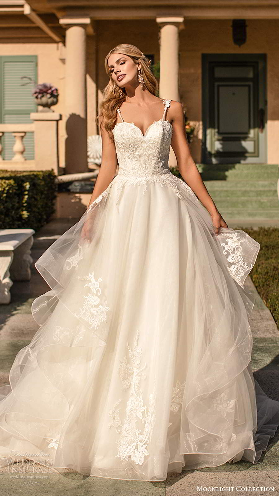 moonlight collection fall 2020 bridal sleeveless straps sweetheart neckline heavily embellished bodice a line ball gown wedding dress chapel train (10) mv